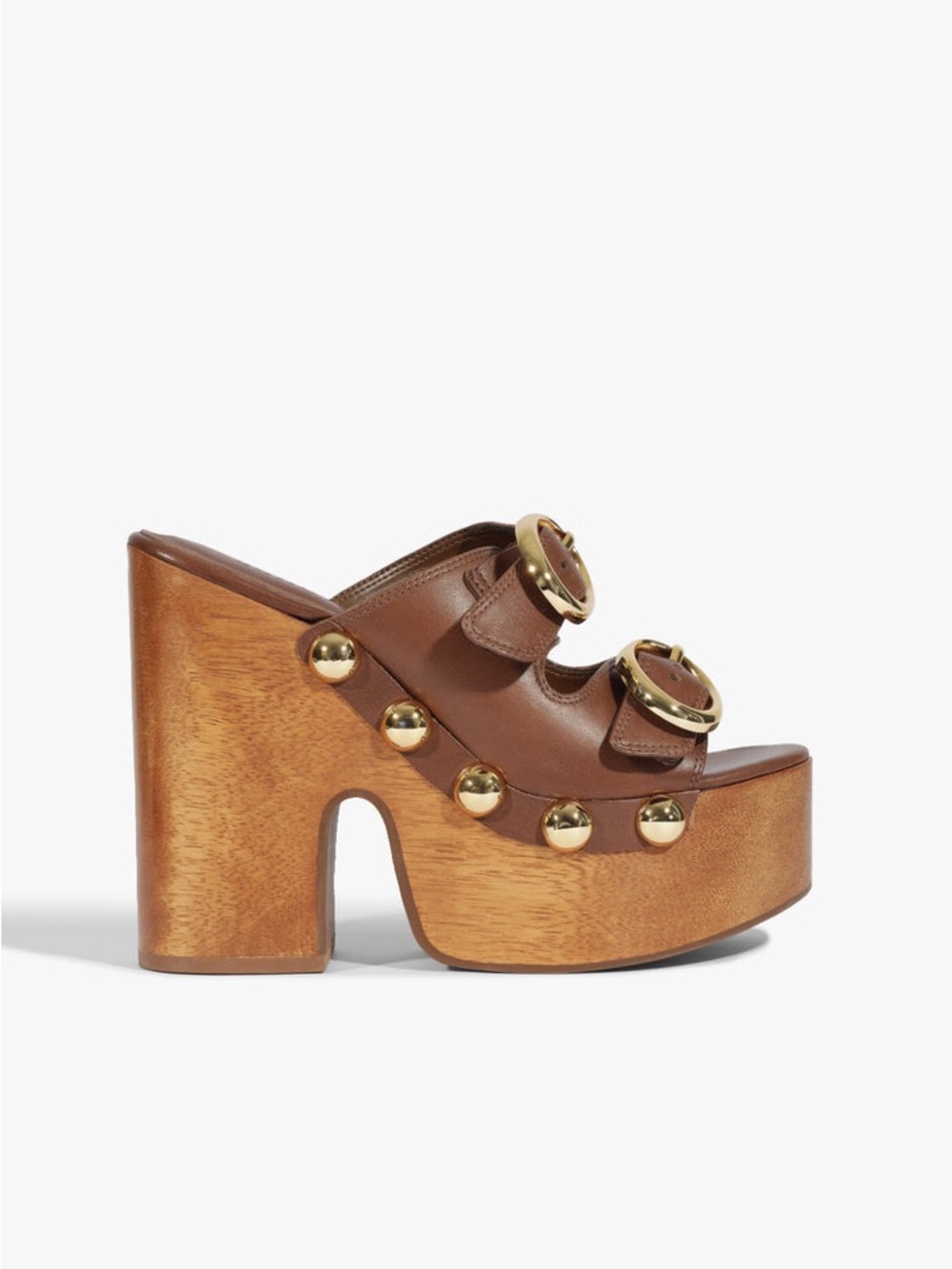 SCHUTZ Juno Brown Leather Platform Slide Sandals with Gold Accents - Picture 2 of 12